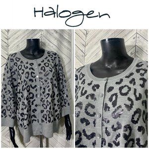 halogen  1X gray sequin animal print knit cardigan